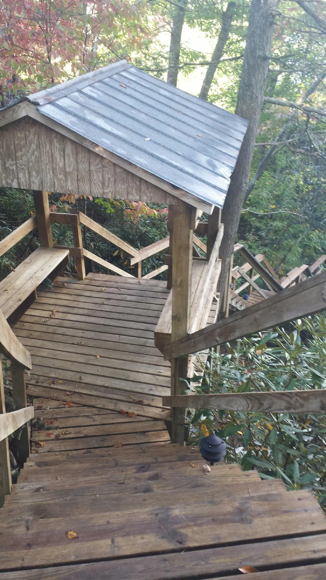 Metal roofed shelter over wooden steps on a wooded walkway — Skylight Repair & Installation work by our crew in Atwood